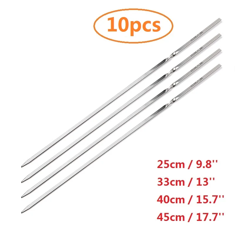 10pcs 25/30/40/45cm BBQ Skewers Stainless steel Barbecue Kebab Flat Barbecue Needle Stick Metal Outdoor Picnic BBQ Accessories