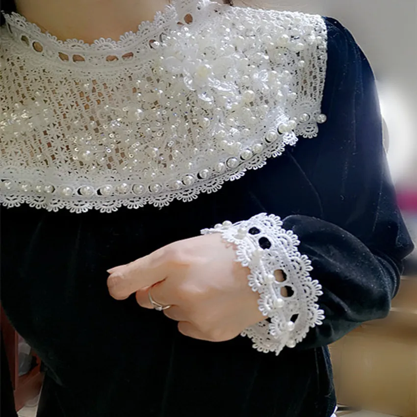 

Роскошная Тяжелая промышленная бархатная блузка с блестками, Женская осенне-зимняя блузка с цветочным кружевом