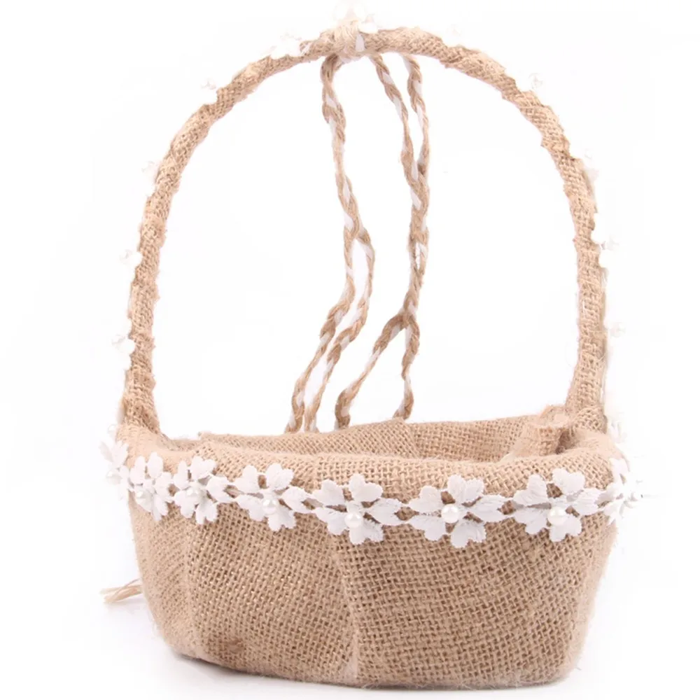 

Girl Flower Basket Linen Lace Flower Basket Wedding Flower Basket Big Love Shaped DIY Handmade Flower Basket Wedding Decor