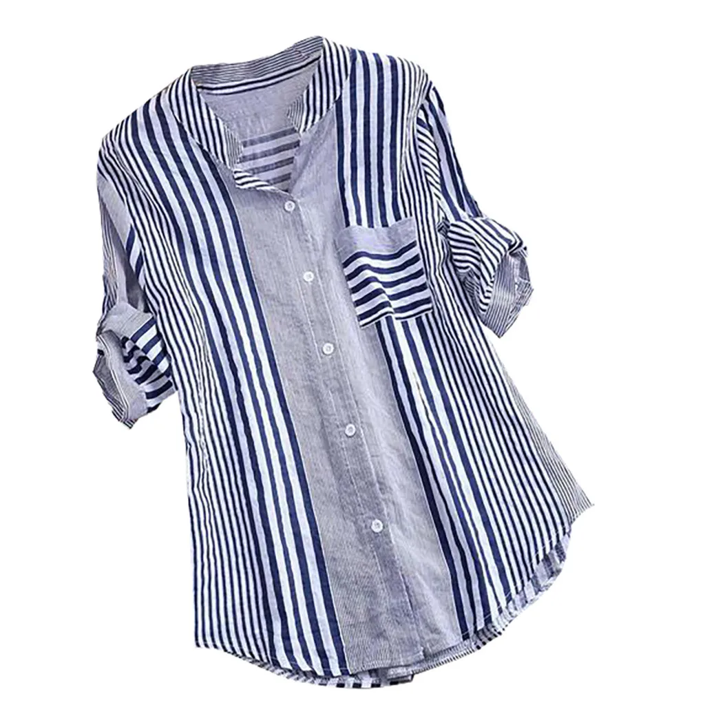Long Women Plus Size Three Quarter Blouses Women Casual Striped Print V-neck Loose Fit Top Tee lady Blouse Zip-up Soft Shirt long sleeve tops Blouses & Shirts