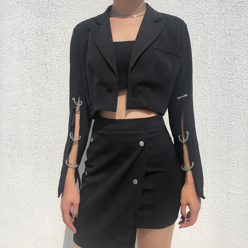Very best  Darlingaga Fashion Autumn Black Cropped Basic Jacket Women Coat Streetwear Chain Open Sleeve Cardig