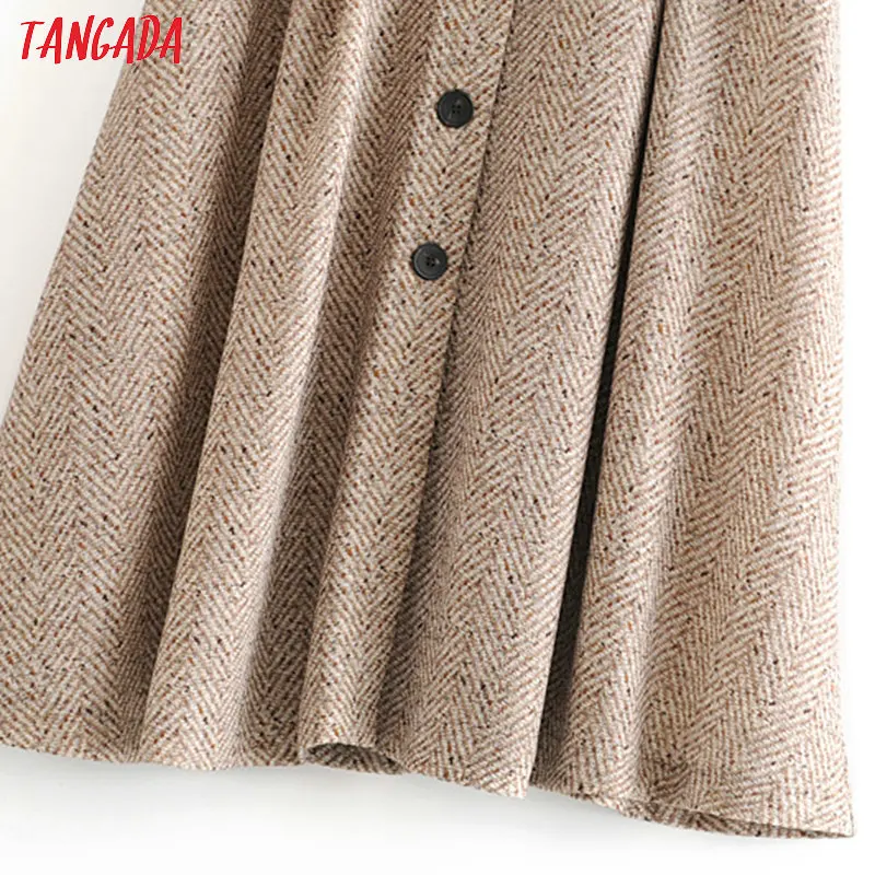Tangada women winter elegant skirts vintage faldas high waist pocket buttons office ladies long skirts 3h121
