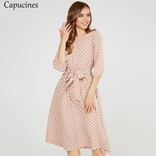 Женское платье В горошек Распечатать платье осень Повседневная Пояса Половина рукава О-образный вырез А-силуэт Платье элегантный мода До колен Бальные платья