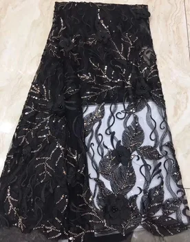 

9 colors (5yards/pc) High quality black color African French net lace fabric with 3D flowers and sequins for party dress FZZ663
