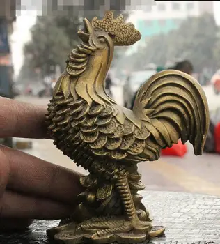 

Folk Chinese FengShui Brass Yuan Bao Zodiac Rooster Cock Animal Wealth Statue