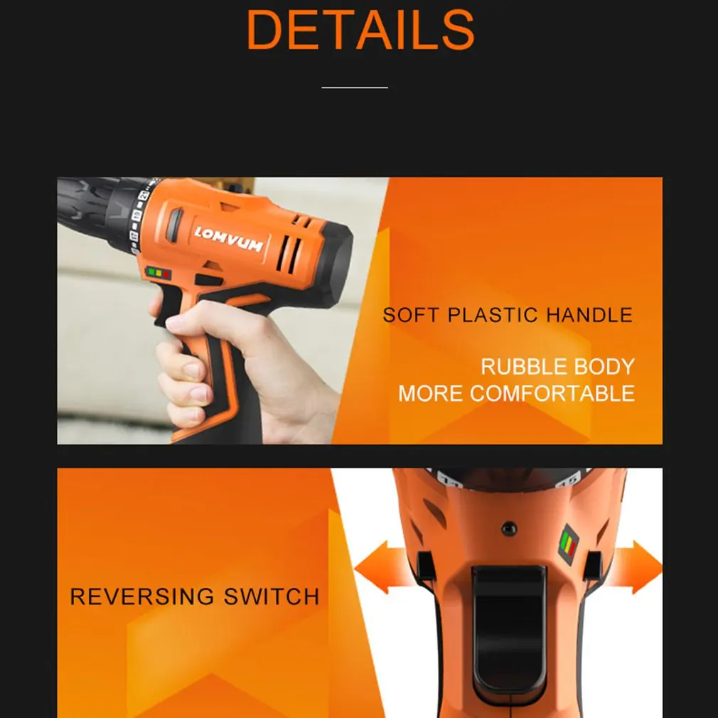 LOMVUM 12V Electric Drill Waterproof Rechargeable Multifunction Electric Screwdriver Mini Cordless Drill