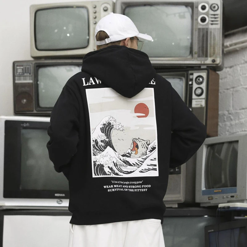 

April MOMO Japanese Embroidery Funny Cat Wave Printed Fleece Hoodies 2019 Winter Japan Style Hip Hop Casual Sweatshirts Streetwe
