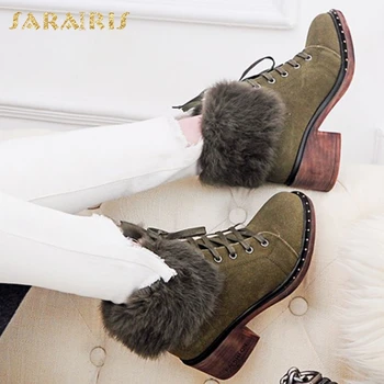 

SARAIRIS 2020 Big Size 43 Lace Up Keep Warm Plush Add Fur Winter Ankle Boots Women Shoes Cow Suede Leather Snow Boots