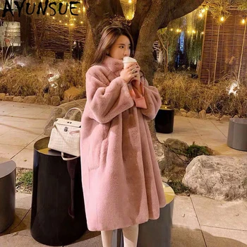 

AYUNSUE Long Women's Fur Coat Winter Jacket Women Imitation Rabbit Fur Furry Faux Fur Coats and Jackets Plus Size KJ3611