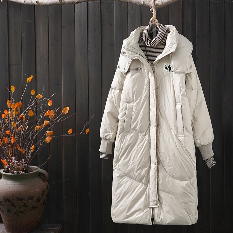Белые куртки-пуховики на утином пуху, женские зимние куртки, длинное толстое теплое пальто, пуховая парка с капюшоном, теплое женское водонепроницаемое пуховое пальто F508