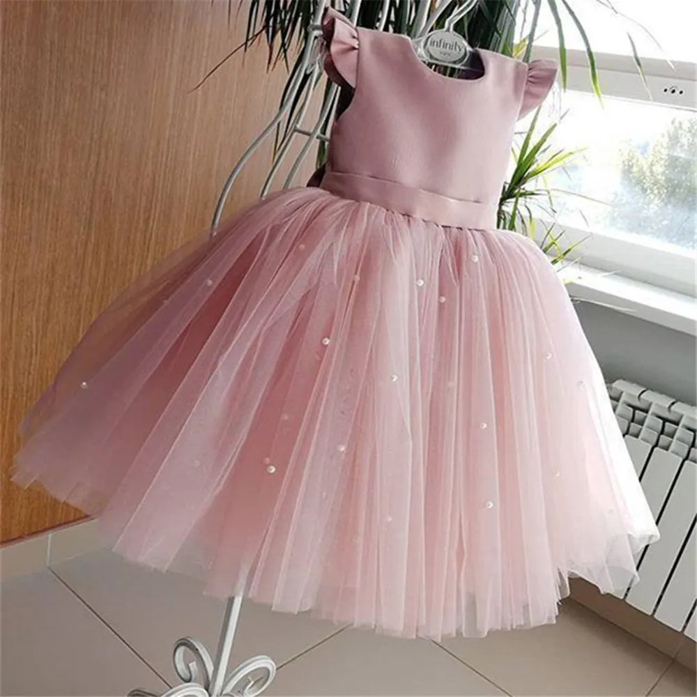 Милые Розовые Платья с цветочным узором для девочек; фатиновое бальное платье с круглым вырезом и большим бантом; маленькие пышные платья с аппликацией; платье для первого причастия для девочек