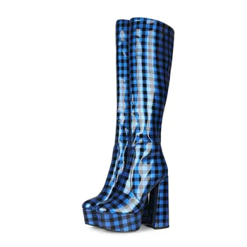 

Women's Patent Leather Check Plaid Blue Knee Thigh Boots Platform Super High 15CM Heel Shoes Plus Size 34-45