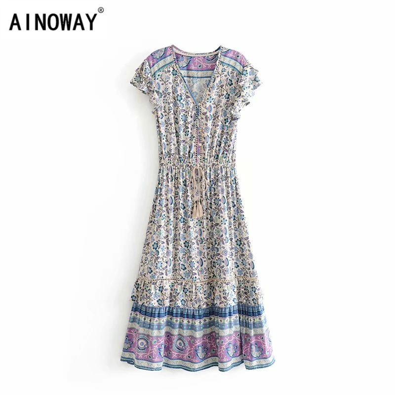 

Vintage Chic women floral print short sleeve ruffles beach Bohemian maxi dress Ladies Summer rayon cotton Boho dress vestidos