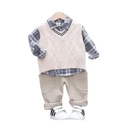 Vêtements de printemps et d'automne pour enfants, survêtement en coton pour bébés garçons et filles, veste à carreaux, chemise et pantalon, pièces/ensembles 