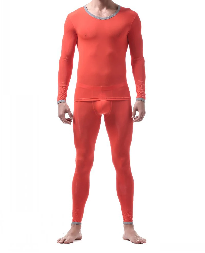 2 шт., мужские майки, наборы, ультра-тонкий ледяной шелк, длинный рукав, топ+ брюки, сексуальные мужские пижамы, одежда для сна, стрейч, прозрачный костюм - Цвет: Orange