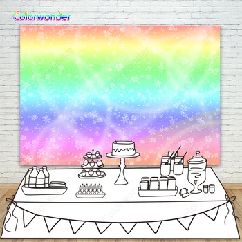 

Photography Backdrop Rainow Color Winter Snowflake Baby Shower Photo Background for Dessert Table Happy First Birthday Banner