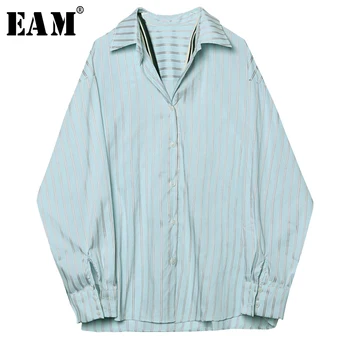 

[EAM] Women Green Striped Split Big Size Blouse New Lapel Long Sleeve Loose Fit Shirt Fashion Tide Spring Autumn 2020 1Y250