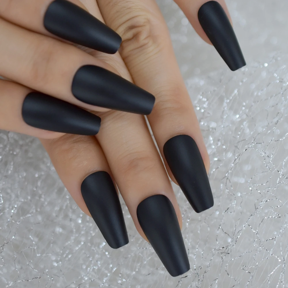 Echiq Frosted Fake Nails Black Long Size Matt Faux Ongles Ballerina Press On Nails Square Manicure Tips False Nails Aliexpress