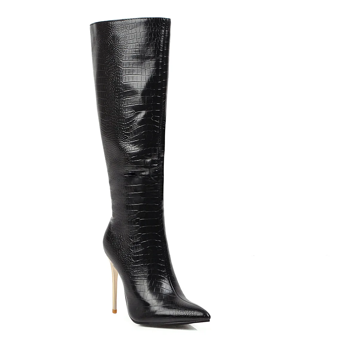 Зимние Сапоги до колена Для женщин под змеиную кожу; высокие сапоги на тонком каблуке; пикантные ботинки на очень высоком каблуке женские осенние размера плюс; большие размеры 34-48 - Цвет: black