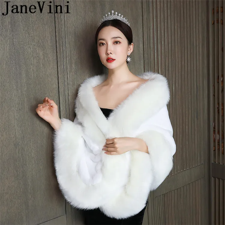 JaneVini White and Ivory Faux Fur Wrap Shawl Party Bolero Bridal Fur Boleros Formal Capes Winter Wedding Coats for Brides
