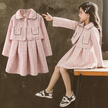 

Girls suit 4-13 years old cotton Printed plaid coat+vest dress two-piece sets girls clothing Lace doll collar children clothes