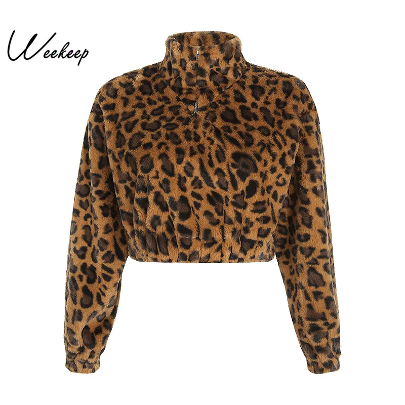 Weekeep леопарда искусственного меха отложной Куртка с воротником Для женщин короткий пуловер свободного кроя сезон осень-весна; теплая уличная куртка Для женщин