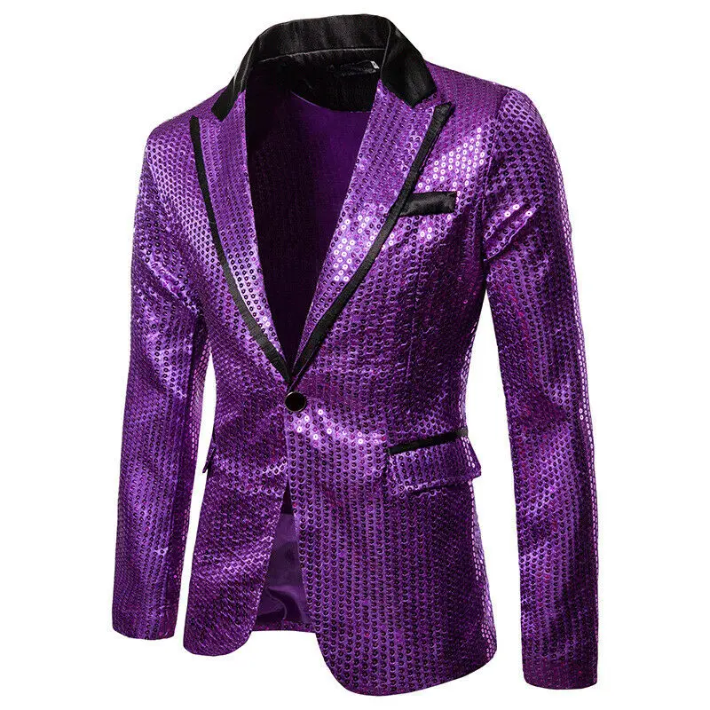 Новые мужские блейзеры для жениха, костюм, блестящий блейзер с отворотами, пальто, тонкая куртка мужская верхняя одежда для свадебной вечеринки, блейзер, большие размеры - Цвет: Фиолетовый