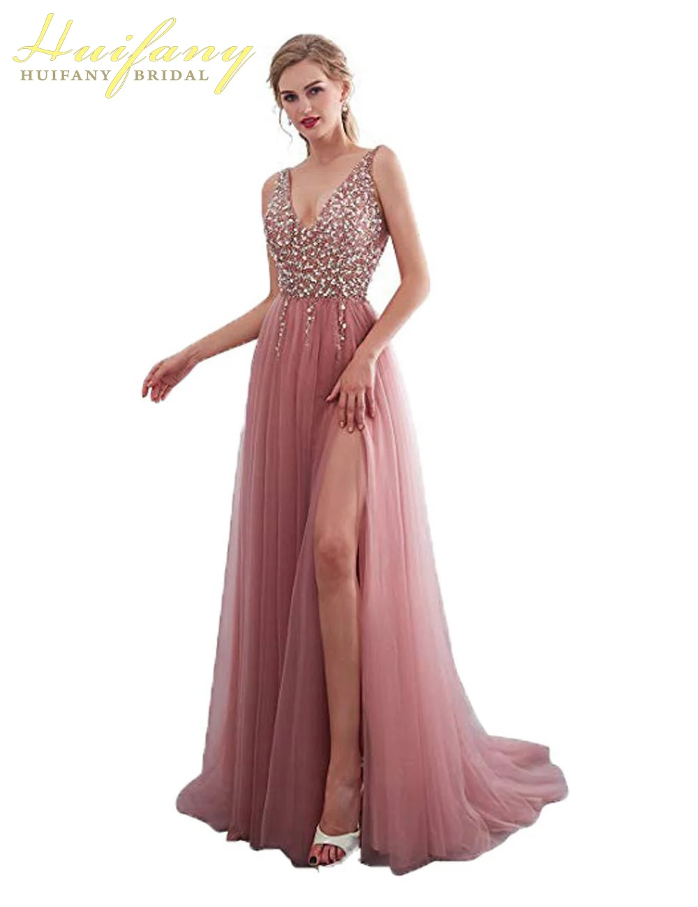 

V-neck Beaded Pink Prom Dress High Split Backless Long Graduation Dress Spaghetti Strap Lace-up Formal Party Evening Gowns