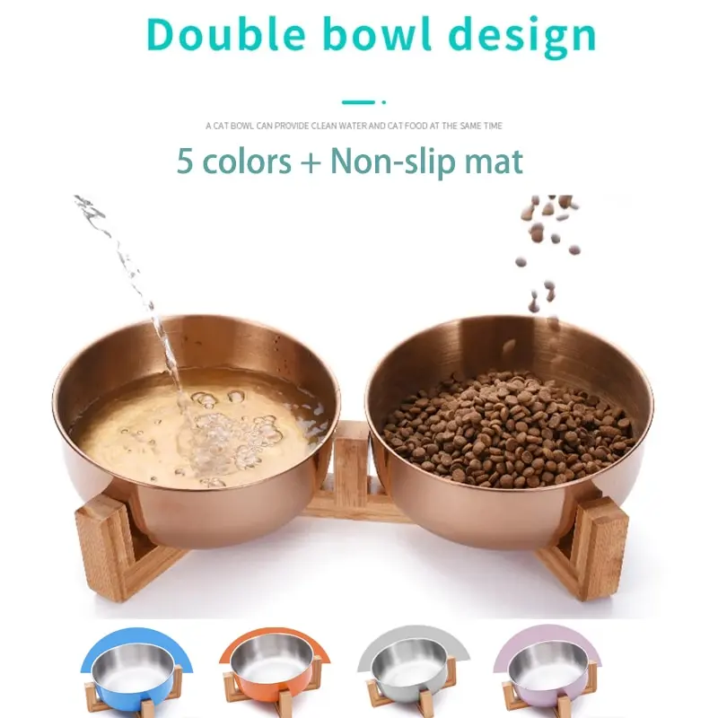 Stainless Steel Cat Dog Bowl with Wood Stand Pet Food and Water Dish Bowl for Cat Dogs Food Feeding Feeder Puppy Feeder Supplies