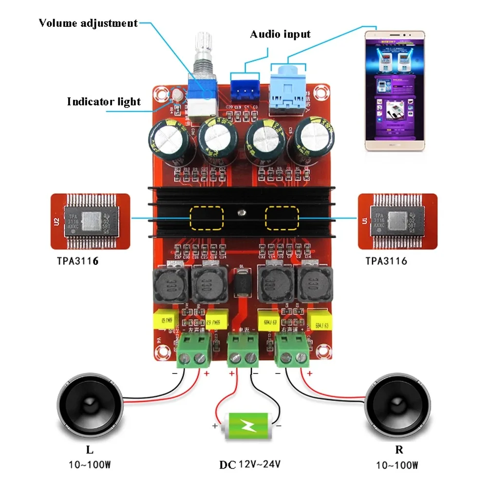 100 Вт* 2 TPA3116D2 усилители цифровой аудио Мощность 2,0 каналов Tpa3116 Класс D двухканальный датчик платы DC12-24V
