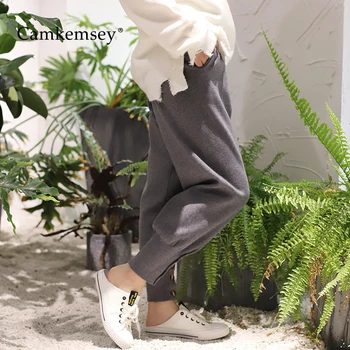 

CamKemsey Autumn Winter Knitted High Waist Crop Harem Pants Women 2020 Korean Side Buttons Ankle Length Knitted Sweater Trousers