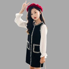 Детские платья для девочек, лоскутное платье для девочек, плотное вязаное платье, детское зимнее платье в Корейском стиле для девочек 6, 8, 10, 12, 14 лет