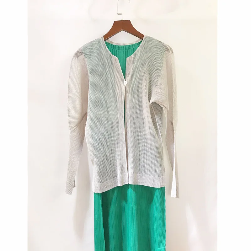 Miyake folds PP series bat long sleeves one button coat mesh cardigan free shipping