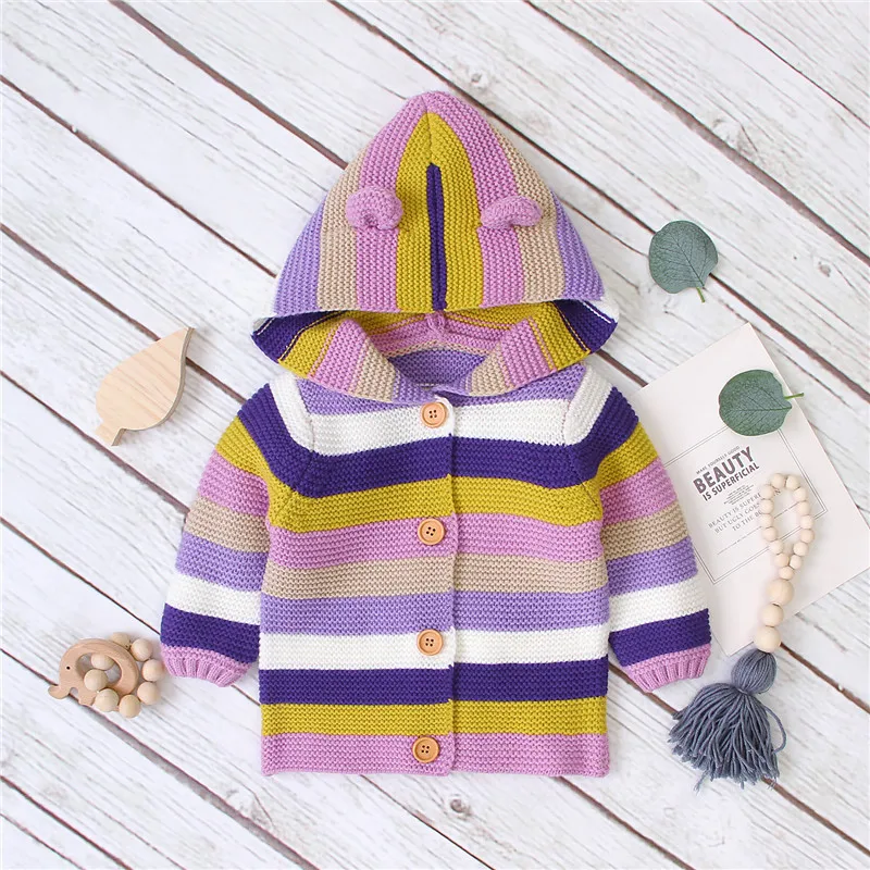 

Infant Baby Girls Fall Winter Sweater Cardigans, Toddler Colorful Stripe Knitted Buttons Outerwear