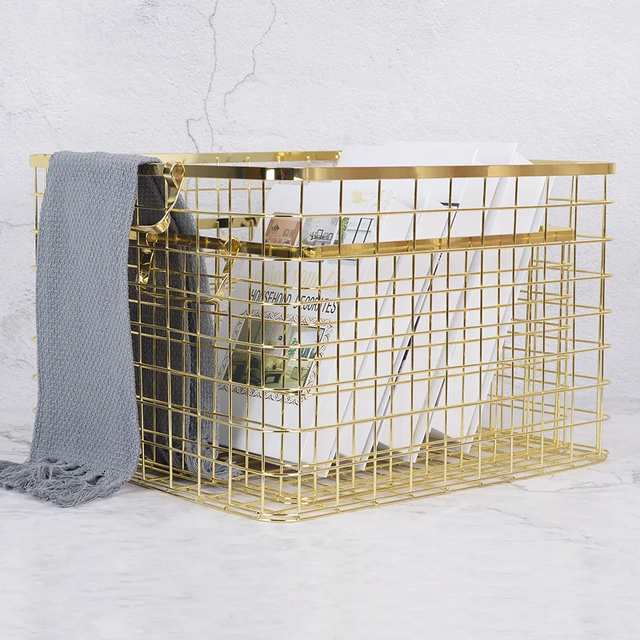 

Northern European-Style with Handle Storage Basket Gold Iron Art Storage Basket Rose Gold Large Size Laundry Basket Kitchen Orga