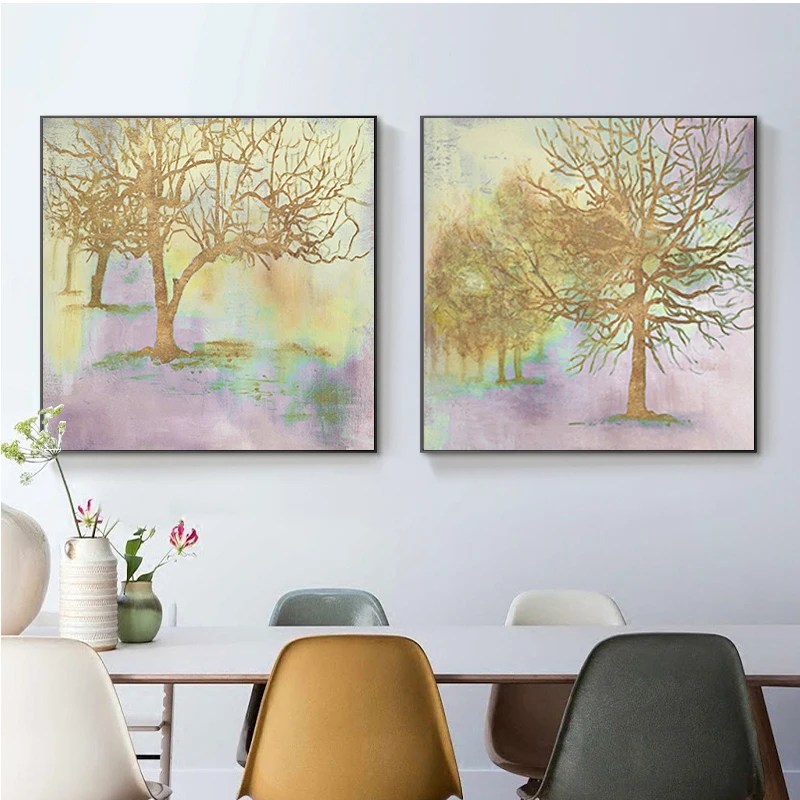 

Modern Nordic Landscape Prints Abstract Golden Rich Trees Canvas Painting Wall Art Pictures for Living Room Cuadros Home Decor