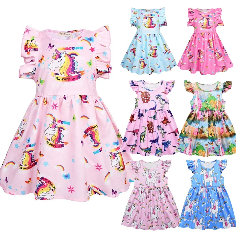 

MUABABY Girls Unicorn Casual Dress Summer Ruched Cartoon Animal Dinosaur Flamingo Printed Sundress Children Clothes for 2-7 Year