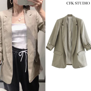 

Za Women Blazer Cardigans with Pocket Long Sleeve Coat Femme Grey Loose Jacket
