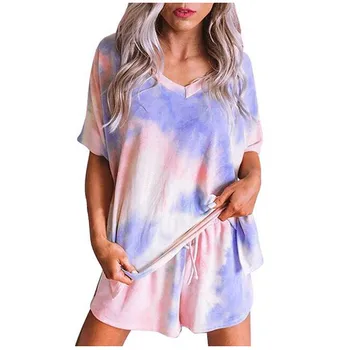 

Womens Tie Dye Printed Ruffle Short Pajamas Set Long Sleeve Tops and Shorts PJ Set Loungewear Nightwear Sleepwear plus size #L5