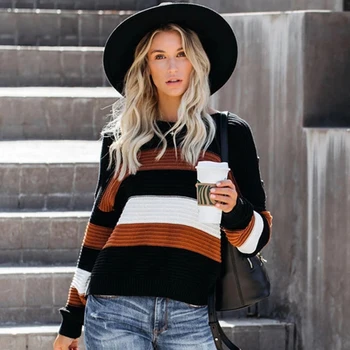 

Siskakia Women's Sweaters Fashion Button Stripe Color Block Knitted Pullover Top Fall Winter 2019 New Long SLeeve Warm Knitwears