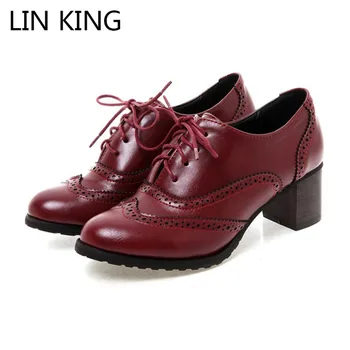 

LIN KING Big Size Shallow Women Pointed Toe Pumps Lace Up Low Top Female Oxfords Shoes Thick Heel Girls Brogue High Heel Shoes