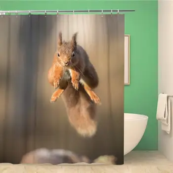 

Bathroom Shower Curtain Brown Red Squirrel Jumping Headon Over Gap in Log Polyester Fabric 66x72 inches Waterproof Bath Curtain