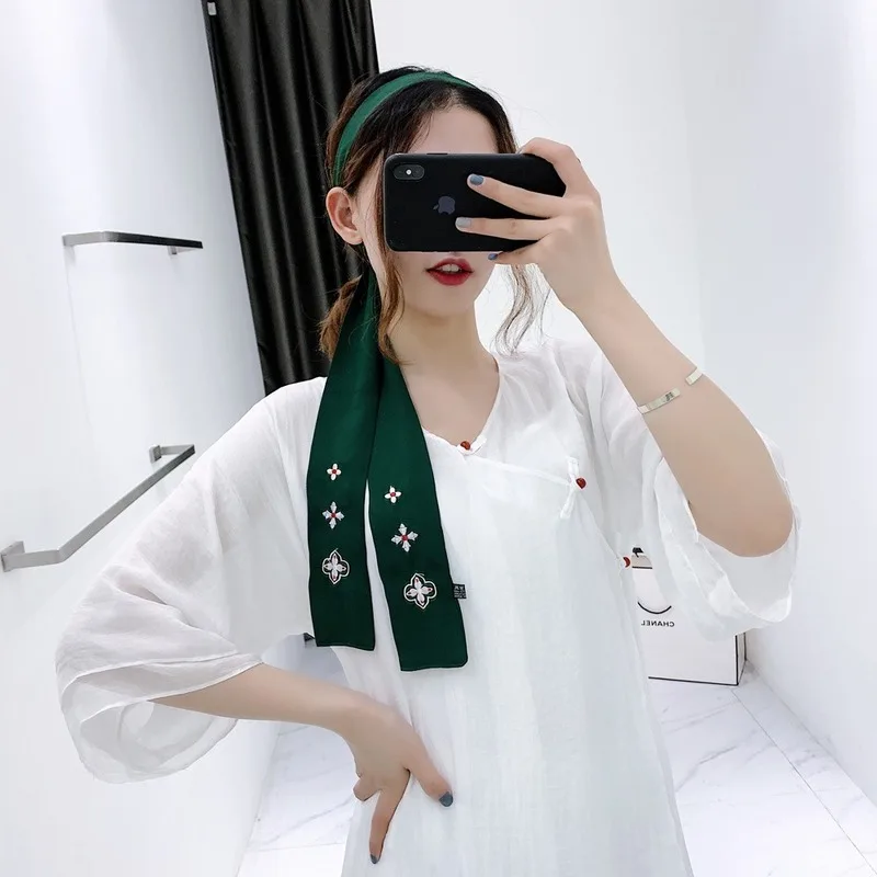 

100% Silk Scarf Hand Embroidery Long Ribbon Streamer Narrow Scarves Head-wear Woman Accessory Head Scarf Shawl Wrap Holiday Gift