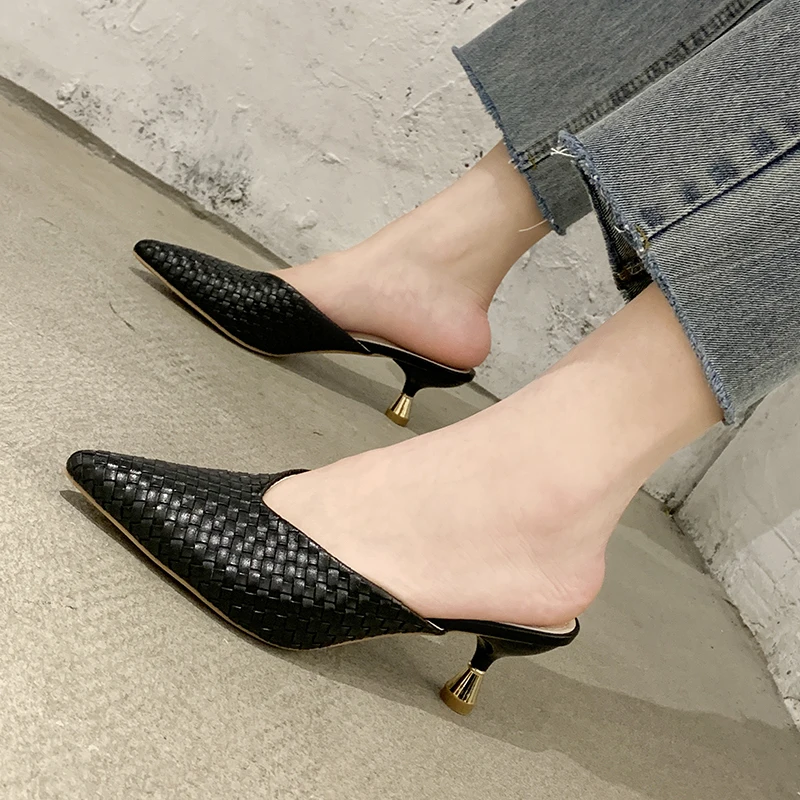

Pu Weave Mules Shoes Women V Mouth High Heel Slippers Sandals Summer Metal Heel Pointed Toe Slippers Women Thin Heel Sandals