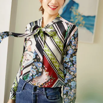 

New Printed silk shirt women s spring 2020 tie bow Shirt Long Sleeve Silk Top