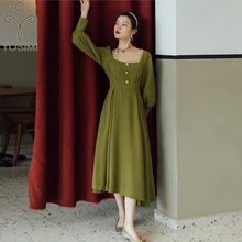 

YOSIMI Vintage Women Long Dress 2021 Fall Square Collar Long Sleeve Mid-calf A-line Willon Green Dress Elegant Vestido Feminino