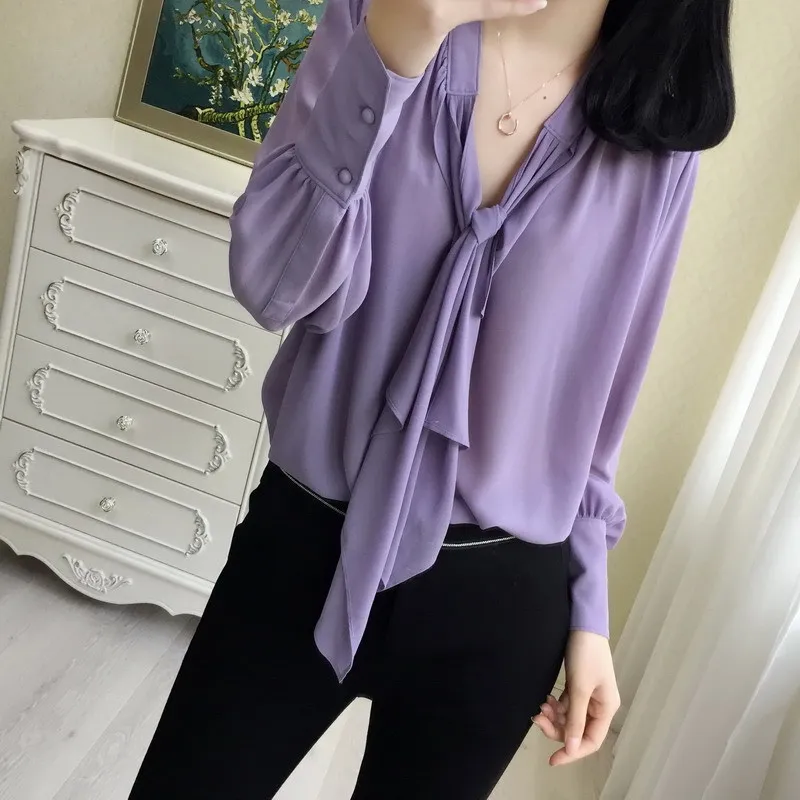 

Plus Size Women Shirts Chiffon Blouse Womens Tops and Blouses Spring and Autumn Chiffon Solid Puple Ruffles Shirt