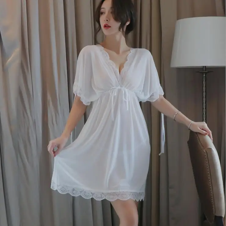 

NEW Female Casual V-Neck Night Dress Women Mesh Lace Nightgowns Transparent Loose Sleepwear Home Clothes Sexy Nightwear Slips