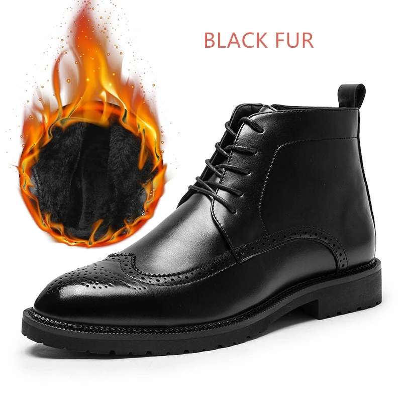 Black Fur XINYIDA/Брендовые мужские ботинки с острым носком Повседневные Дышащие ботильоны на шнуровке Модные мужские кожаные ботинки с перфорацией типа «броги» размеры 38-44 - Цвет: Black Fur