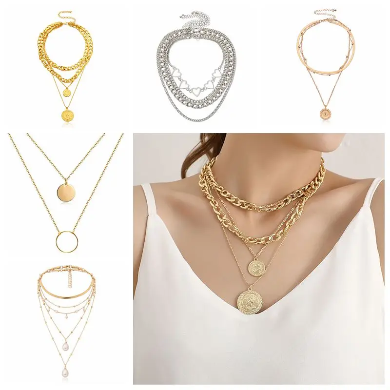 

Canner Punk Vintage Layered Portrait Coin Pendan Necklace Set Link Heavy Metal Chains Choker Necklaces For Women Jewlery